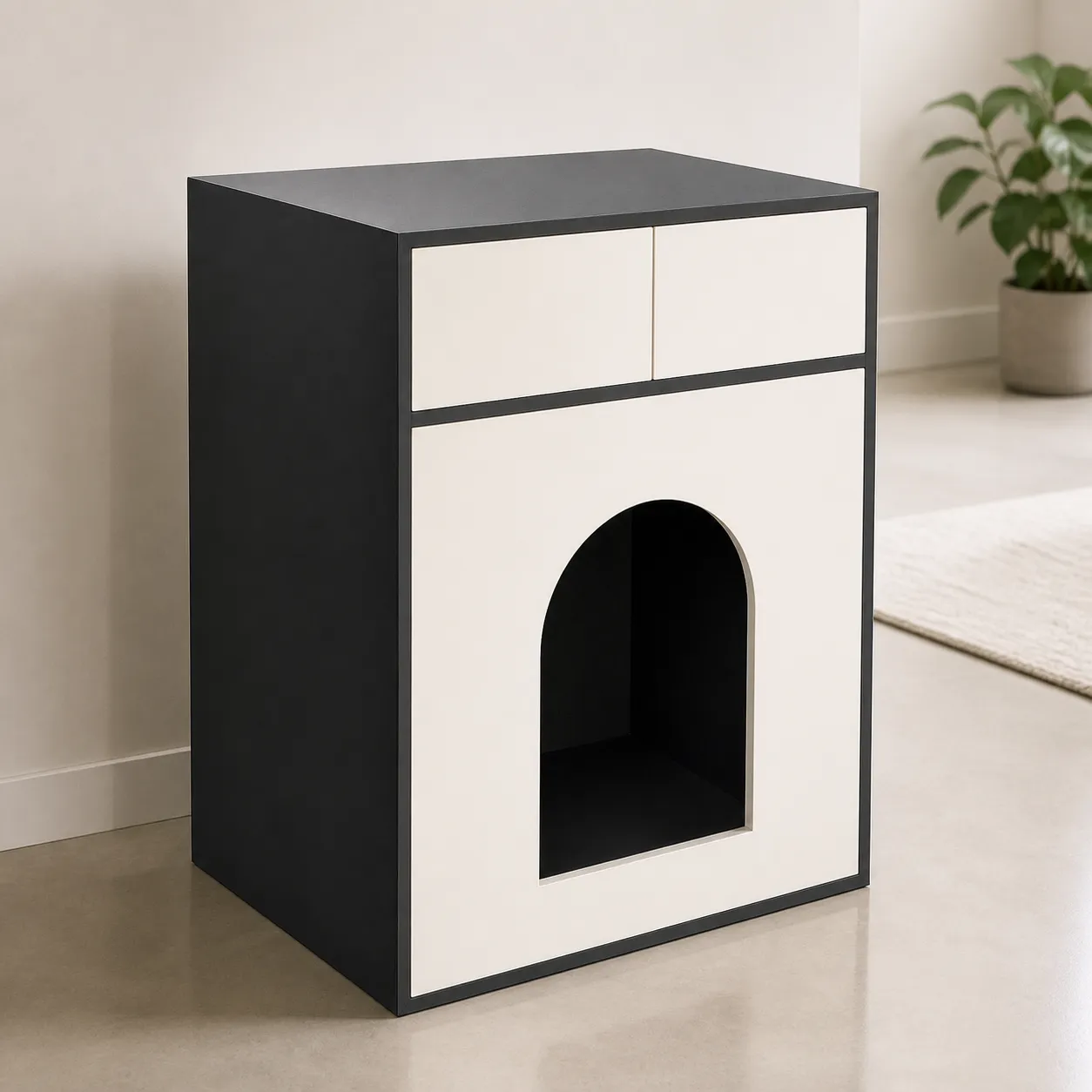 Ivory and charcoal arched dog crate cabinet, primary three-quarter view
