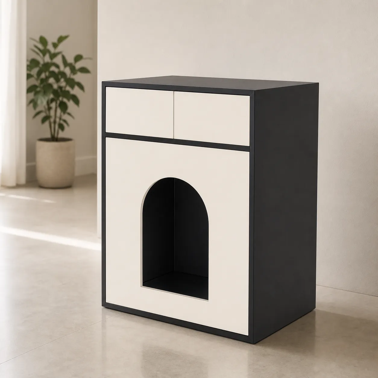 Ivory and charcoal arched dog crate cabinet, alternate three-quarter view