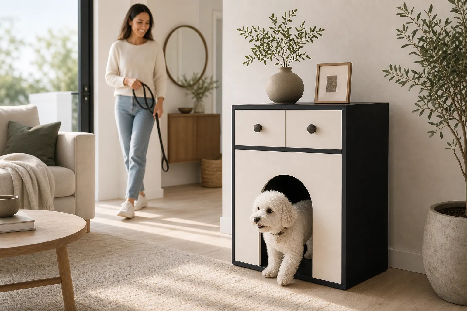 Arched dog crate cabinet in a bright morning living-room setting