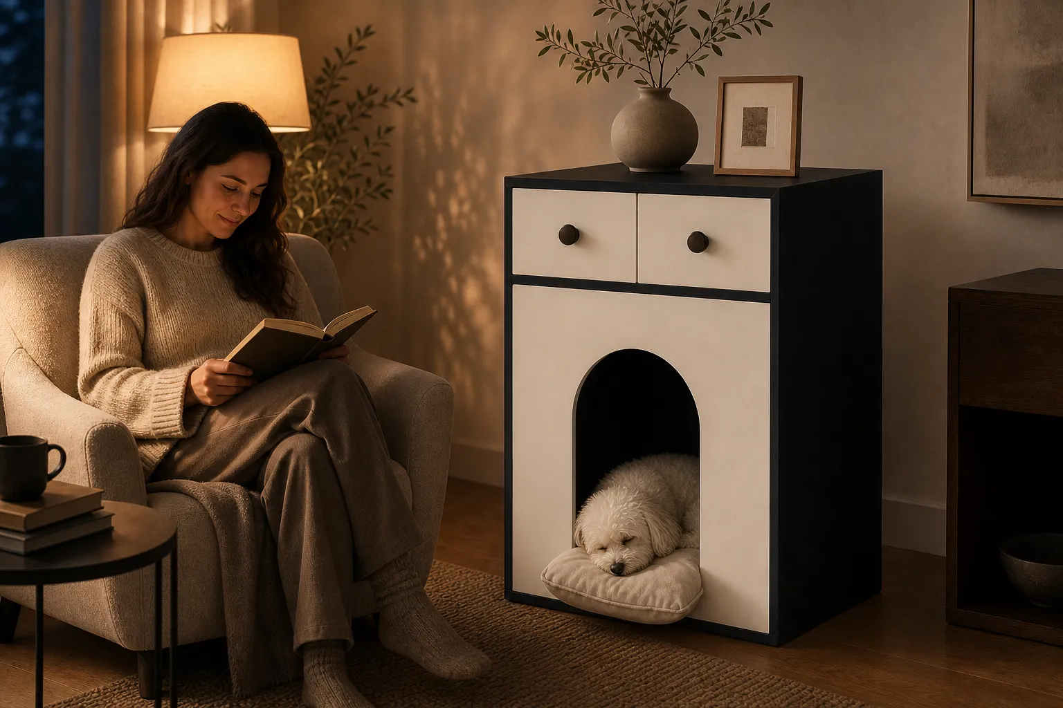 Arched dog crate cabinet in a warm evening home setting
