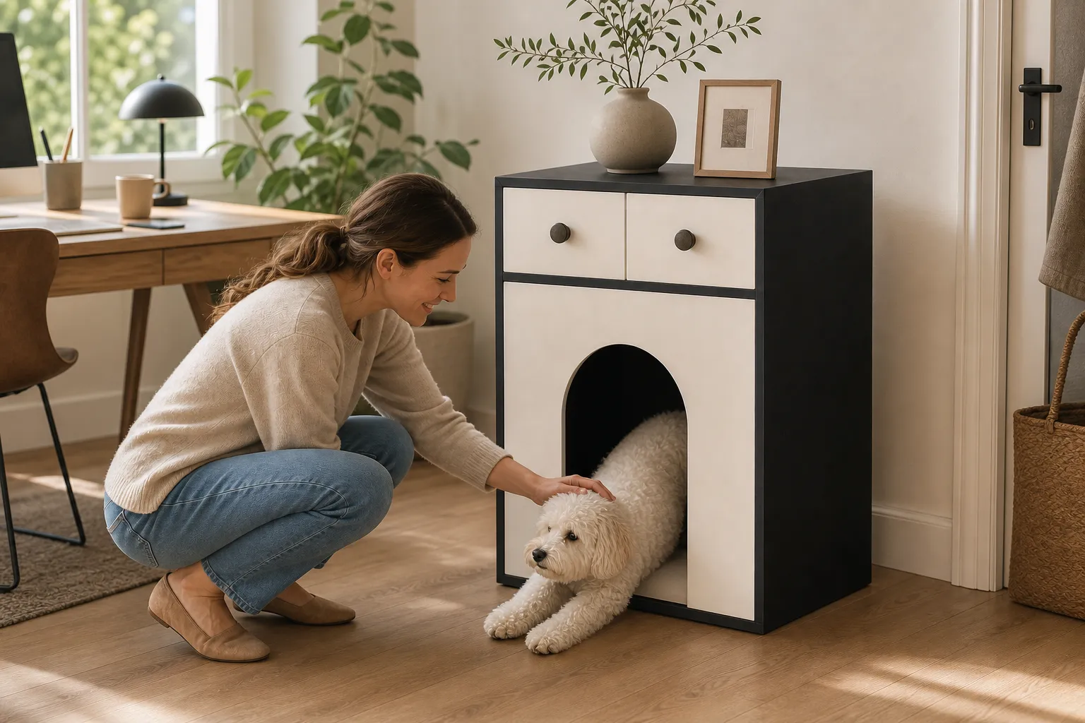 Arched dog crate cabinet in a calm home-office setting