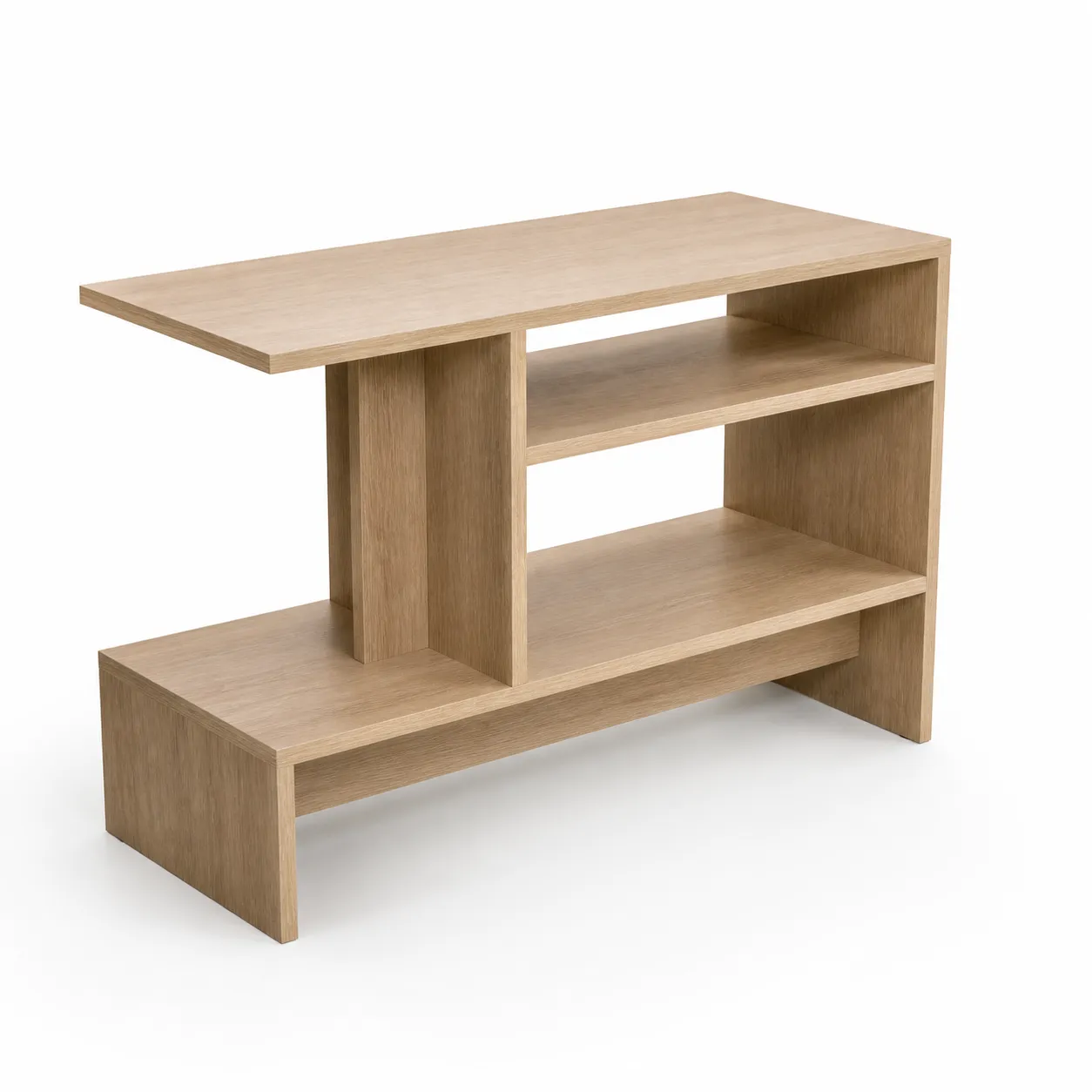 Tiered open shelf cabinet in warm woodgrain, primary left-front view