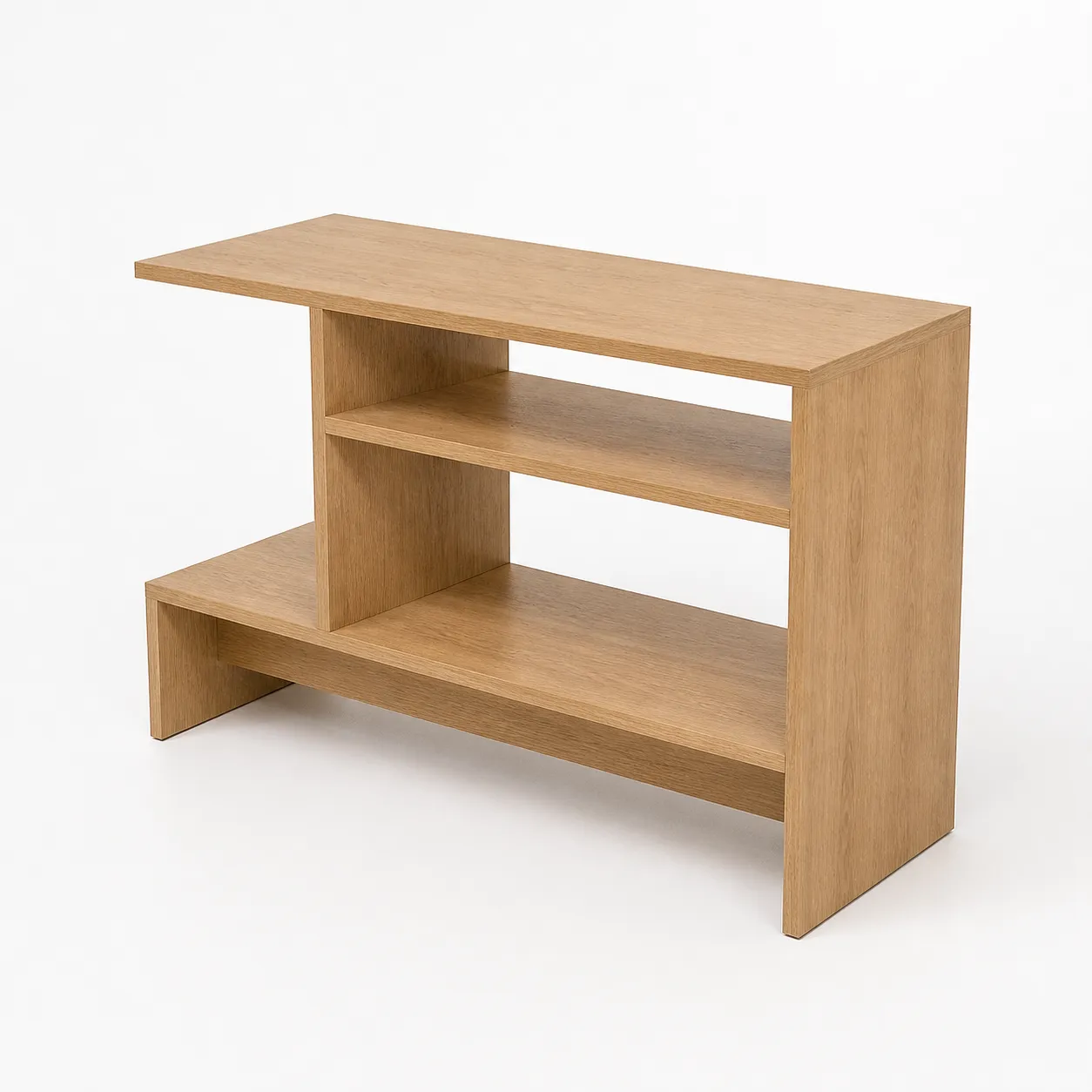 Tiered open shelf cabinet in warm woodgrain, alternate right-front view