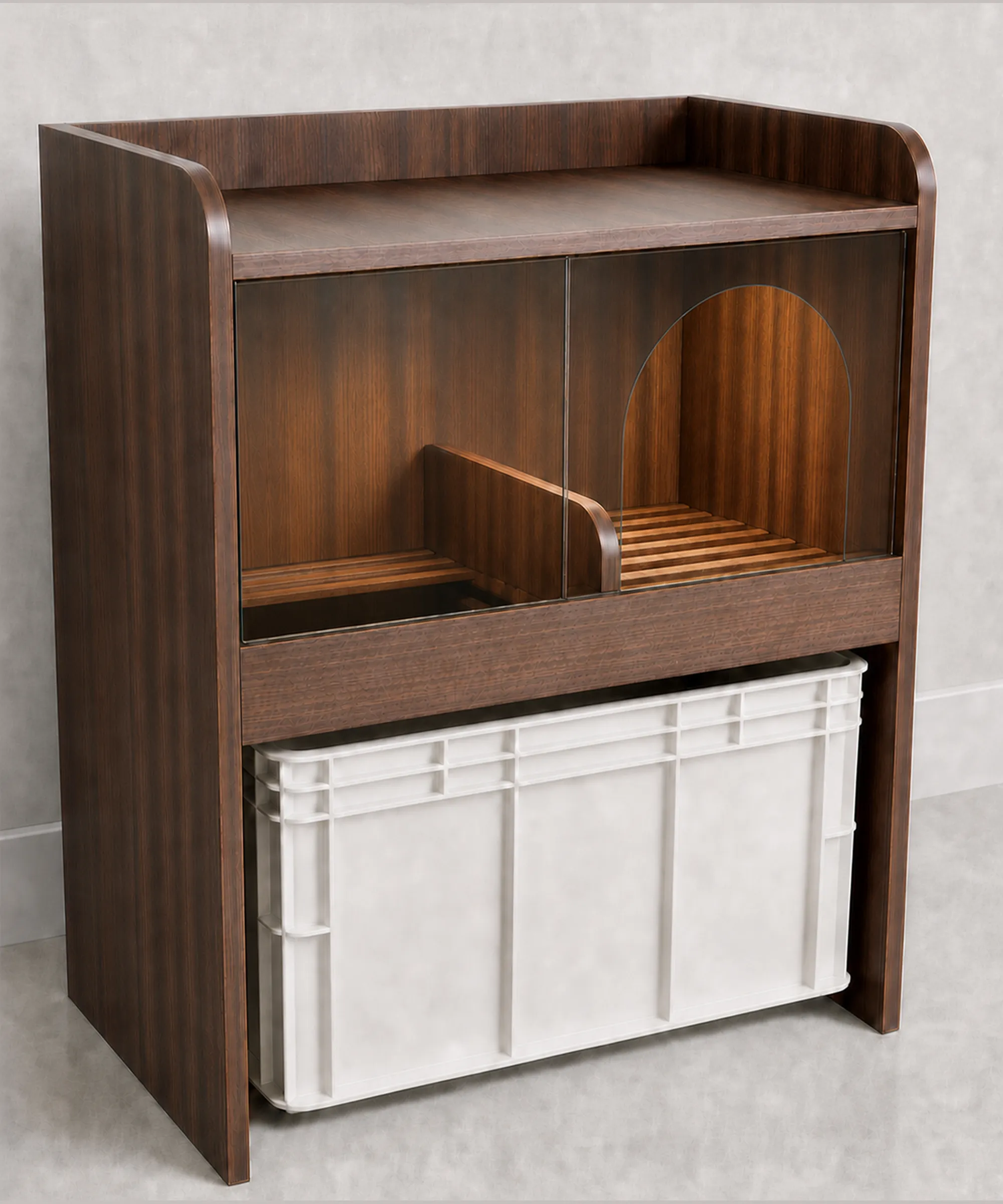 PET litter cabinet in Dark Walnut, front view